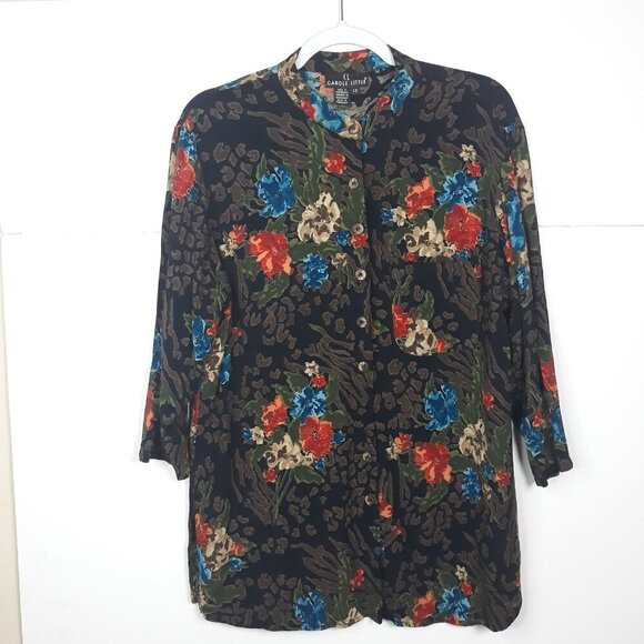 Carole Little Floral Animal Print Banded Collar 3/4 Sleeve Button Top 12 Artsy - Picture 7 of 9